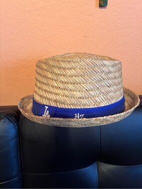 Straw Pork Pie Hat with Royal Blue LA Ribbon